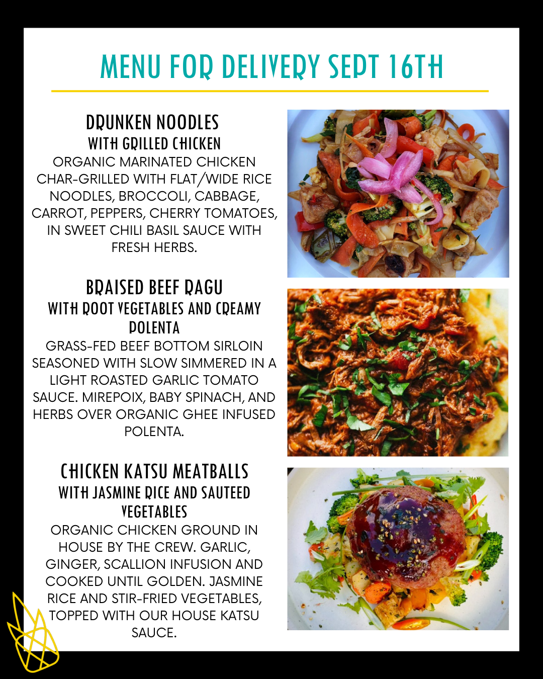 Menu for a delivery Tuesday September 16th