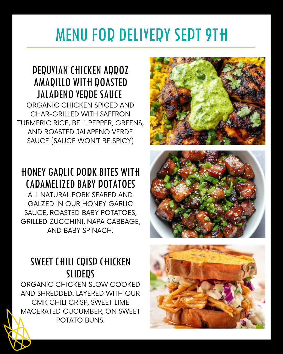 Menu for a delivery Tuesday September 9th – Clean Machine Kitchen