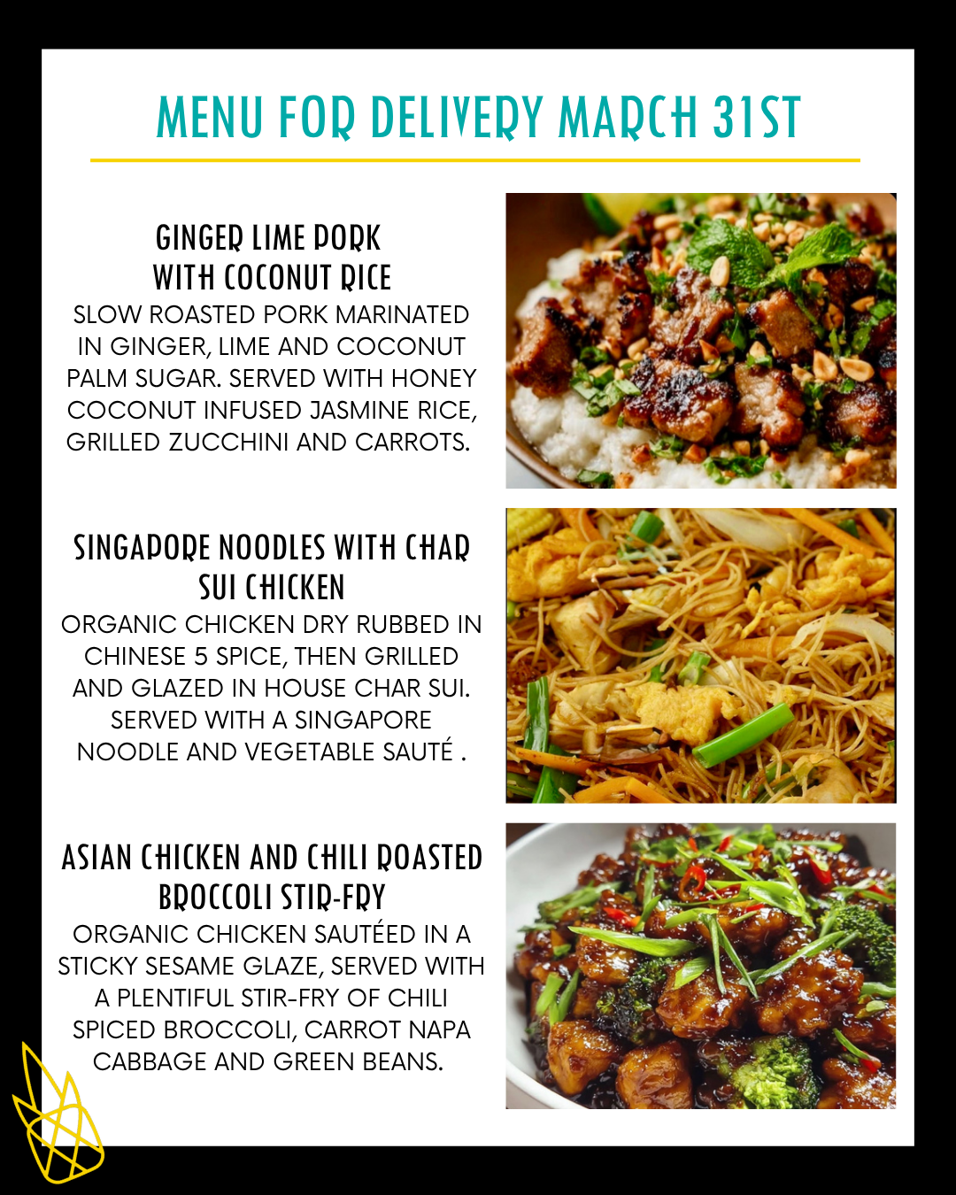 Menu for a delivery Tuesday March 31st