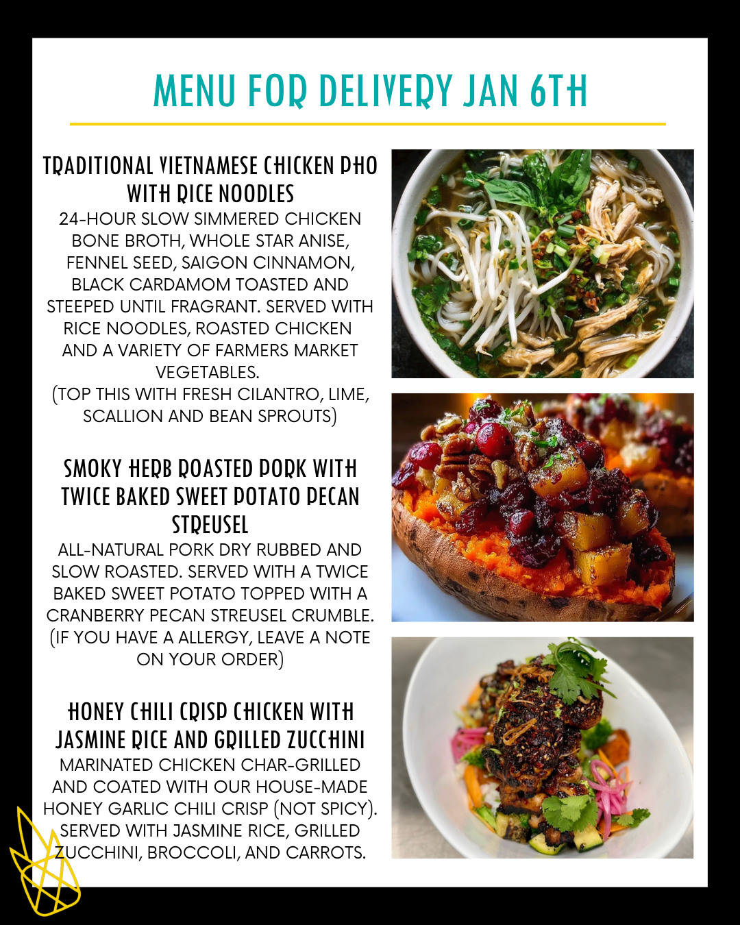 Menu for a delivery Tuesday January 6th 2026