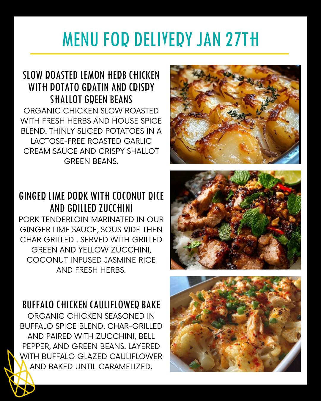 Menu for a delivery Tuesday January 27th