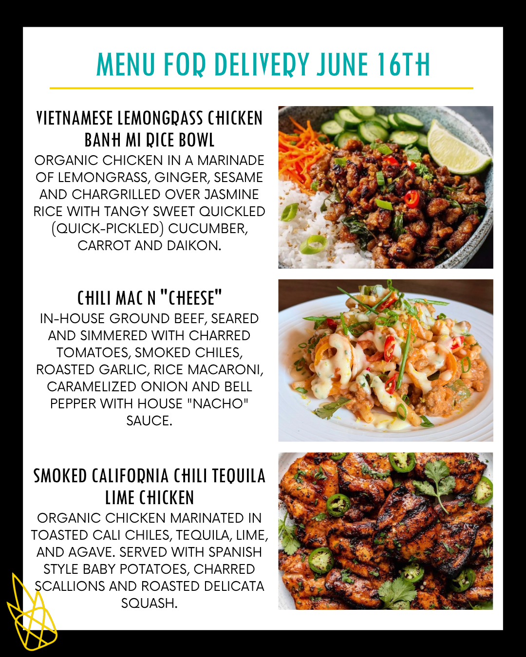 Menu for a delivery Tuesday June 16th
