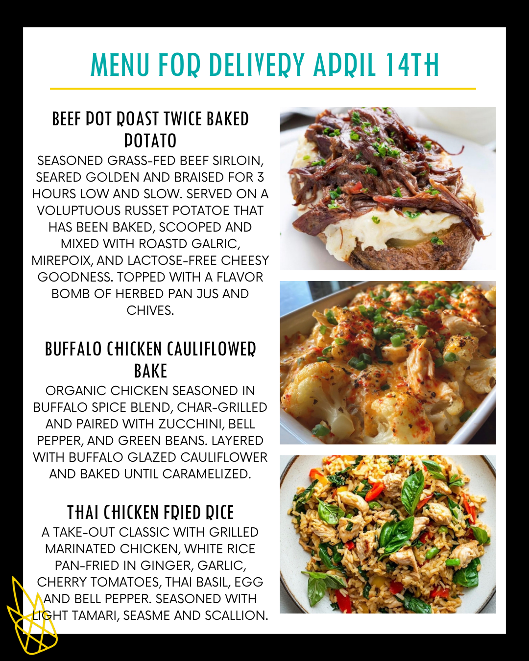 MENU FOR A DELIVERY TUESDAY APRIL 14TH