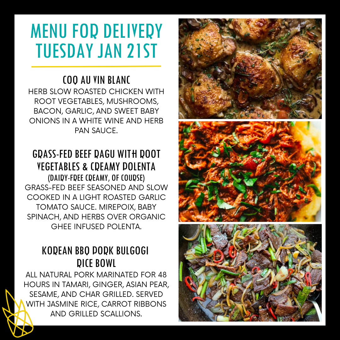 Menu for a delivery Tuesday January 21st