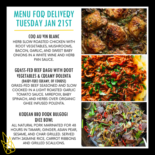 Menu for a delivery Tuesday January 21st