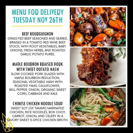 Menu for a delivery Tuesday November 26th