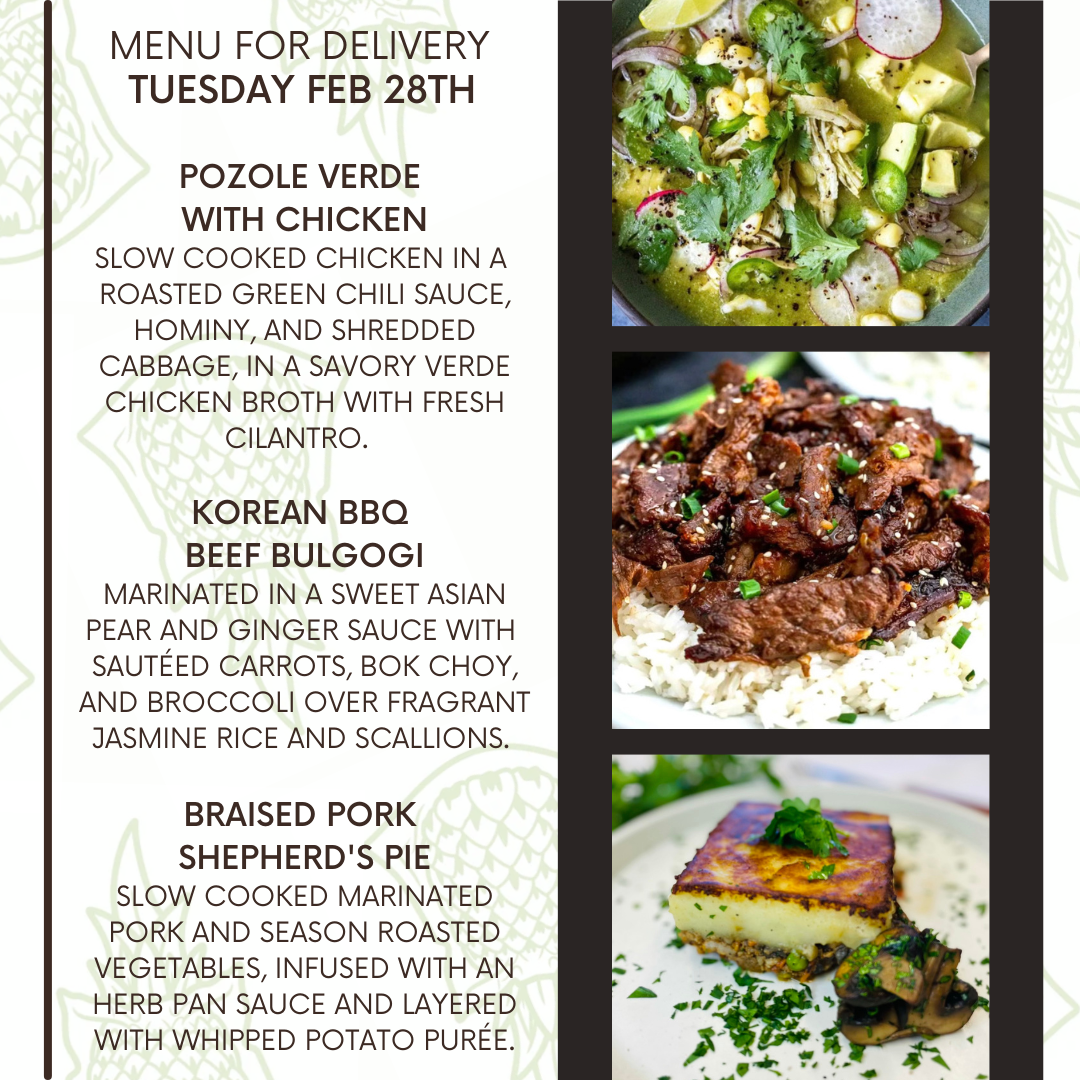 Menu for a delivery Tuesday February 28th