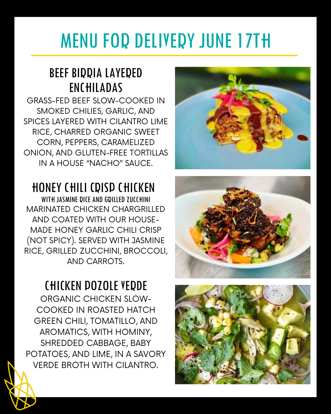 Menu for a delivery Tuesday June 17th
