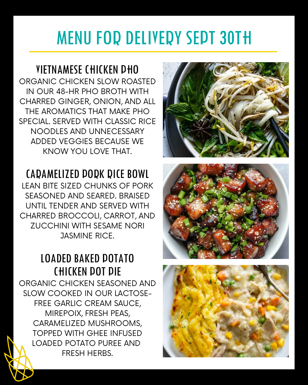Menu for a delivery Tuesday September 30th