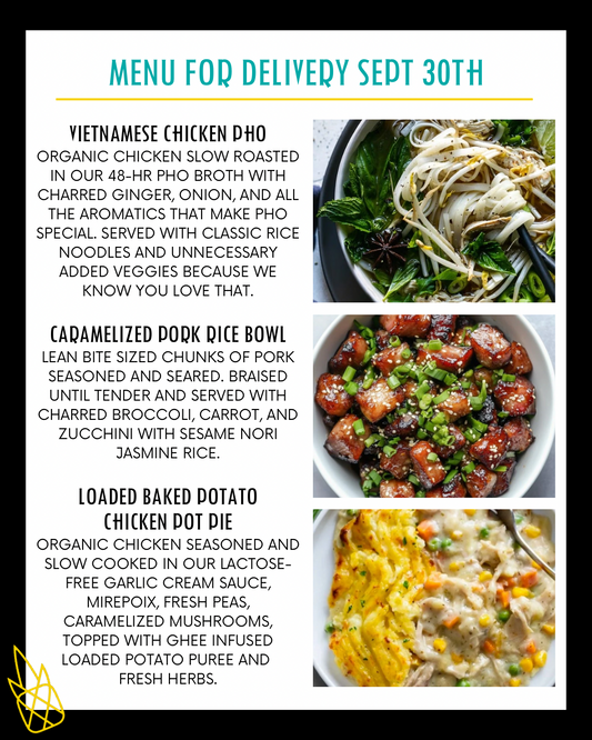 Menu for a delivery Tuesday September 30th