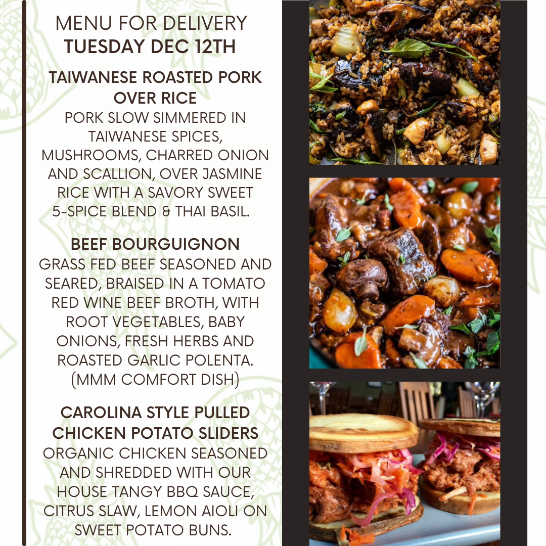 Menu for a delivery Tuesday December 12th
