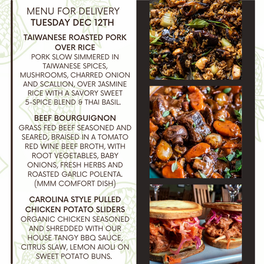 Menu for a delivery Tuesday December 12th