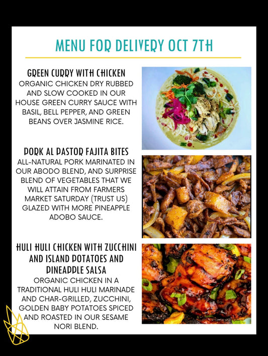 Menu for a delivery Tuesday October 7th