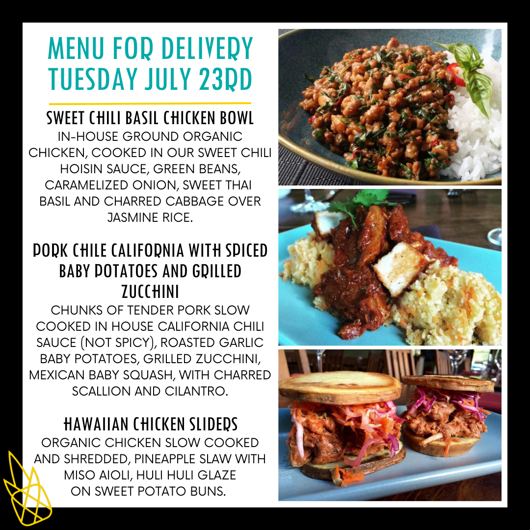 Menu for a delivery Tuesday July 23rd