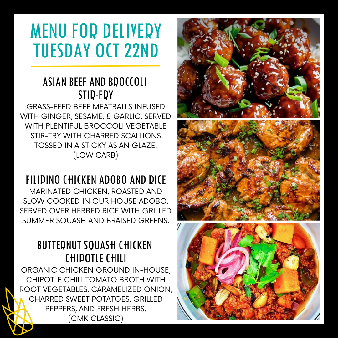 Menu for a delivery Tuesday October 22nd