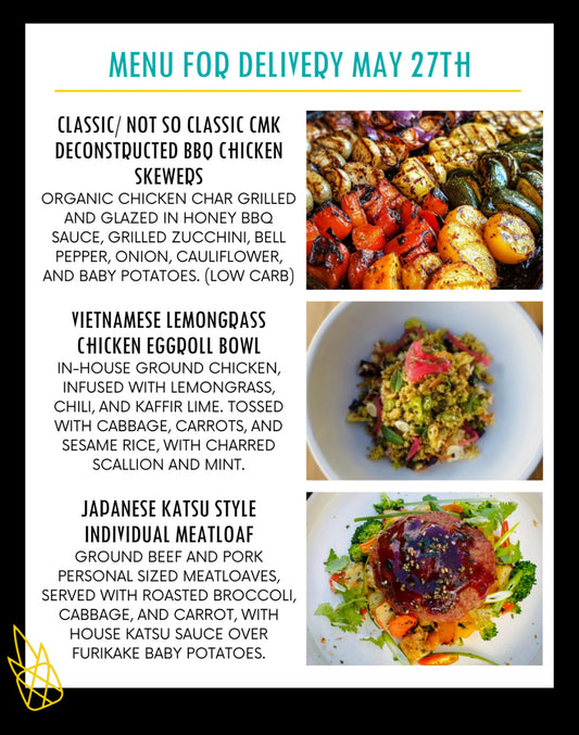 Menu for a delivery Tuesday May 27th