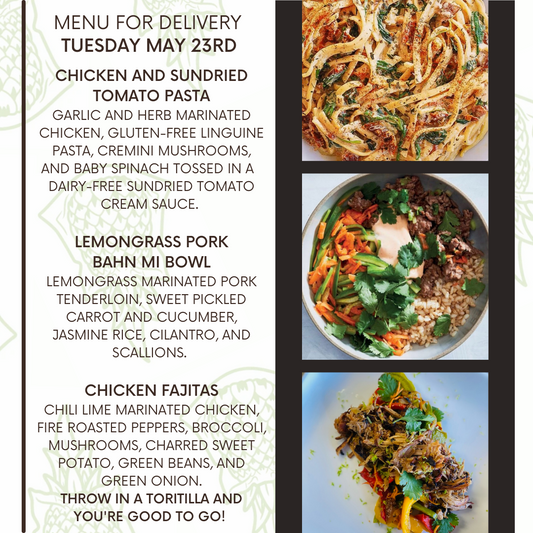 Menu for a delivery Tuesday May 23rd