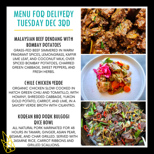 Menu for a delivery Tuesday December 3rd