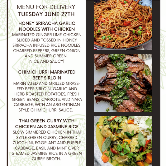 Menu for a delivery Tuesday June 27th