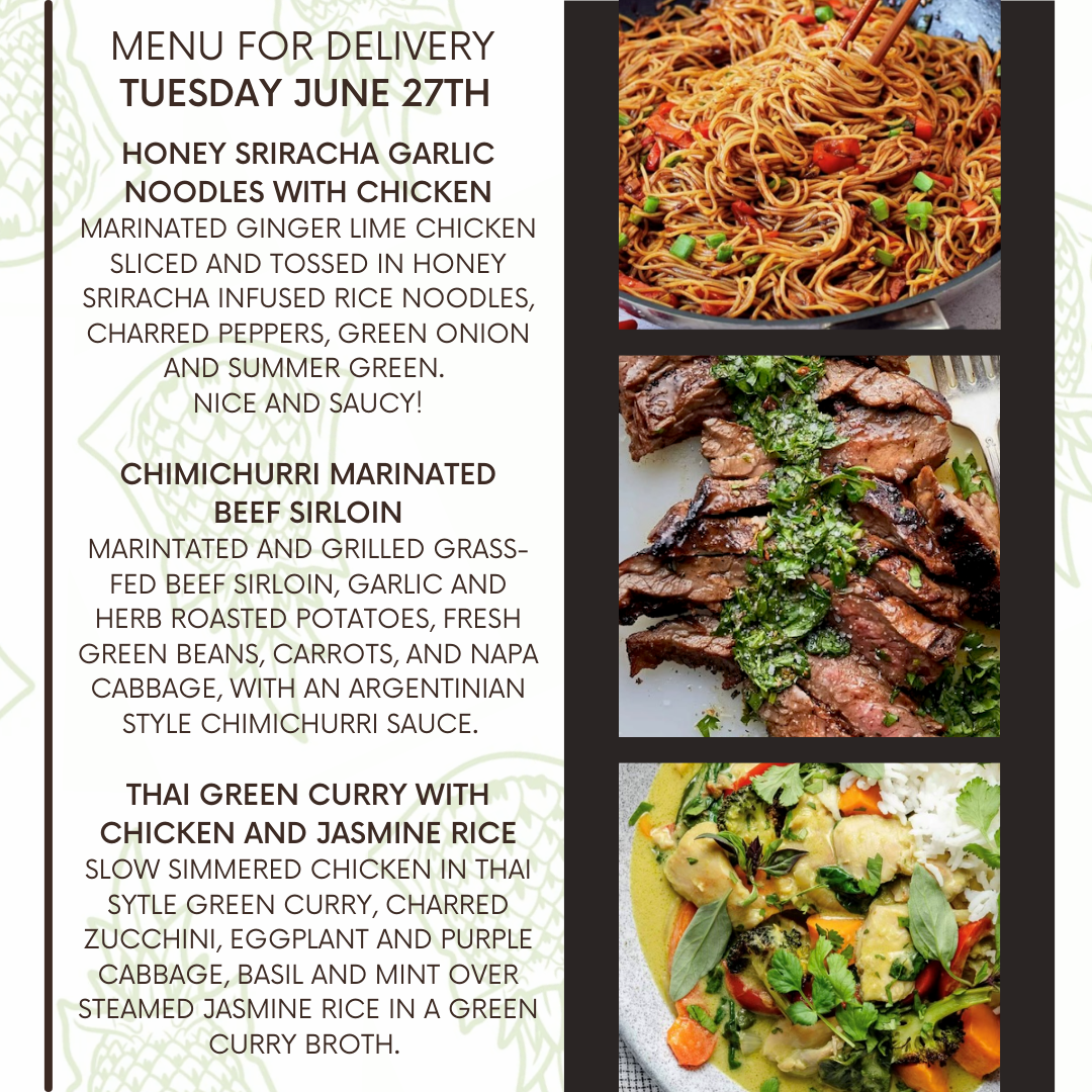 Menu for a delivery Tuesday June 27th