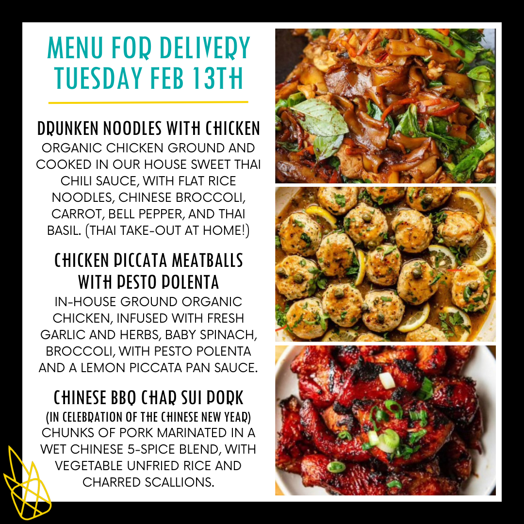 Menu for a delivery Tuesday February 13th
