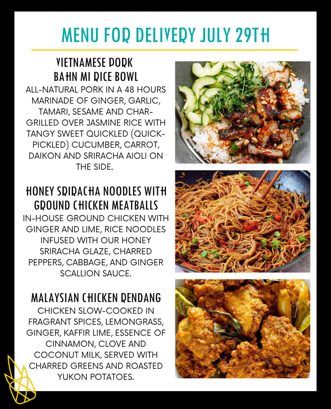 Menu for a delivery Tuesday July 29th