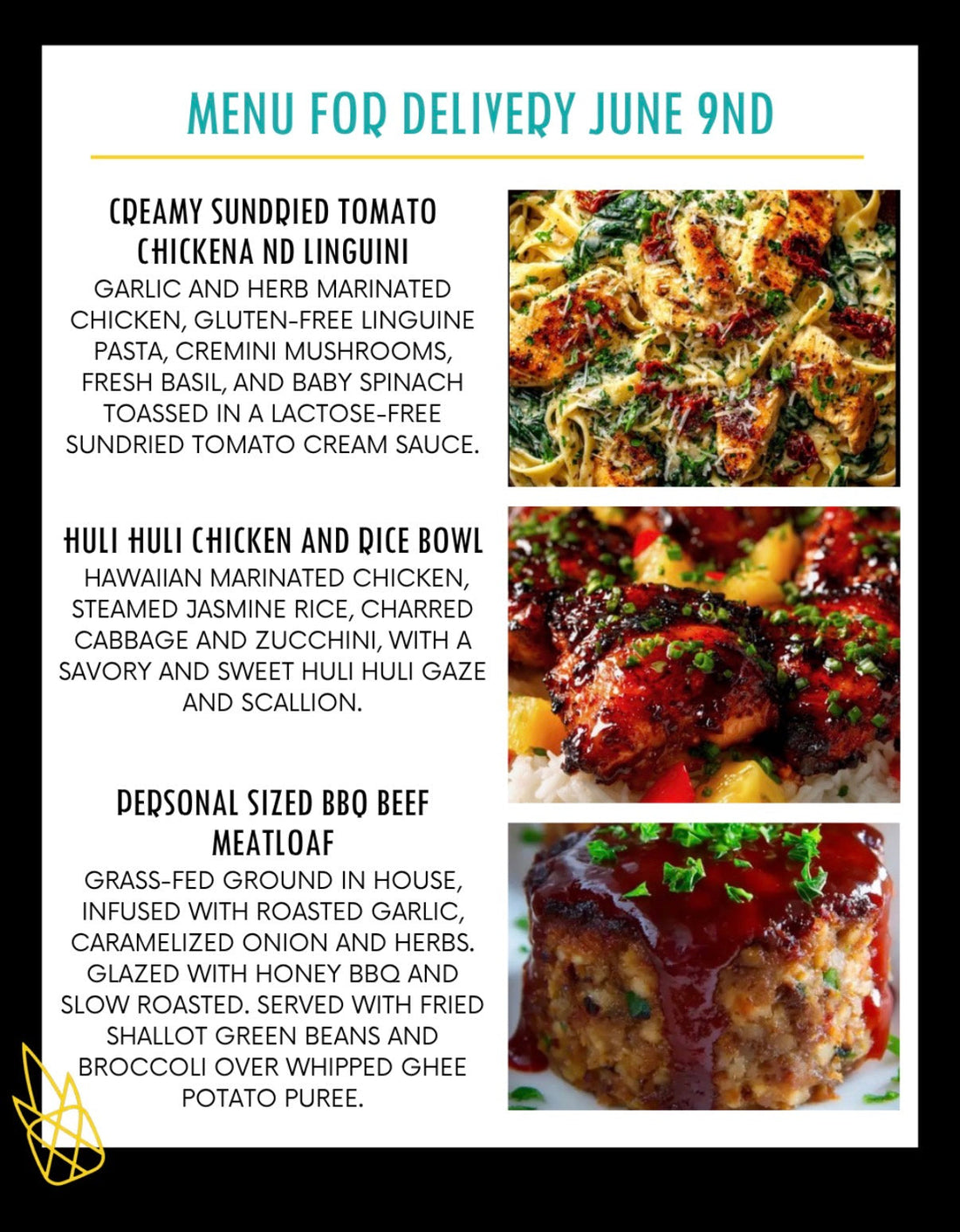 Menu for a delivery Tuesday June 9th