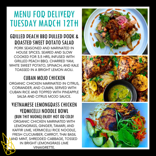 Menu for a delivery Tuesday march 12th