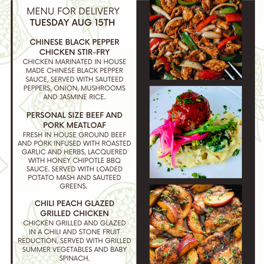 Menu for a delivery Tuesday August 15th