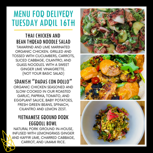 Menu for a delivery Tuesday April 16th