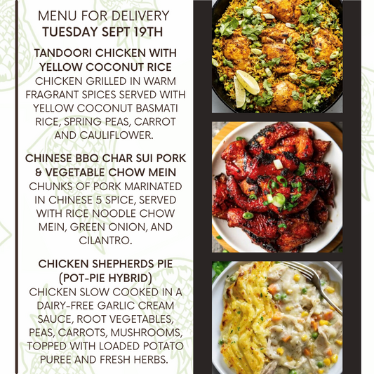 Menu for a delivery Tuesday September 19th
