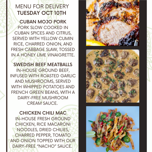 Menu for a delivery Tuesday October 10th
