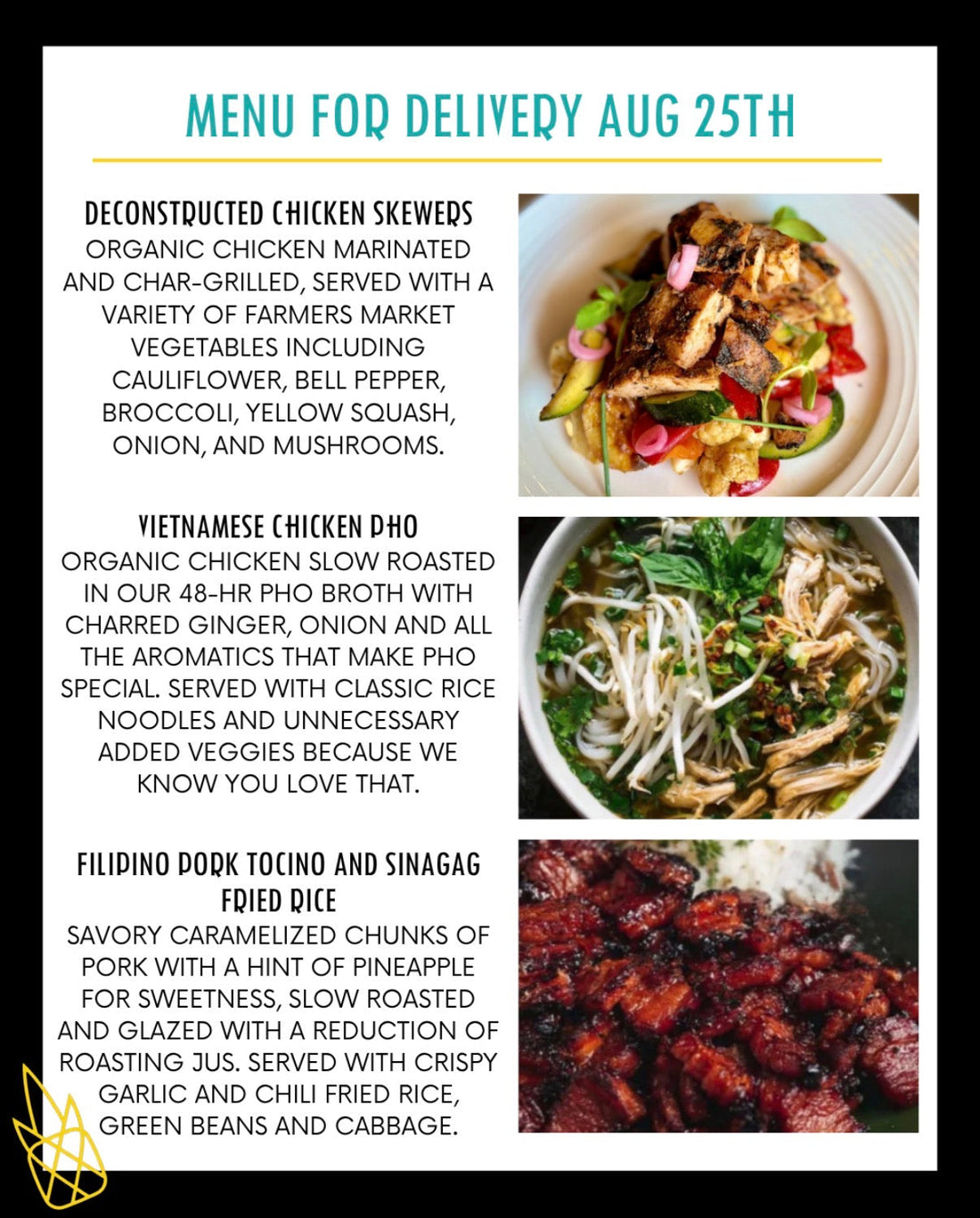 Menu for a delivery Tuesday August 25th