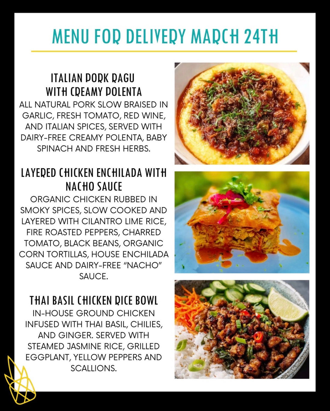 Menu for a delivery Tuesday March 24th