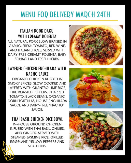 Menu for a delivery Tuesday March 24th
