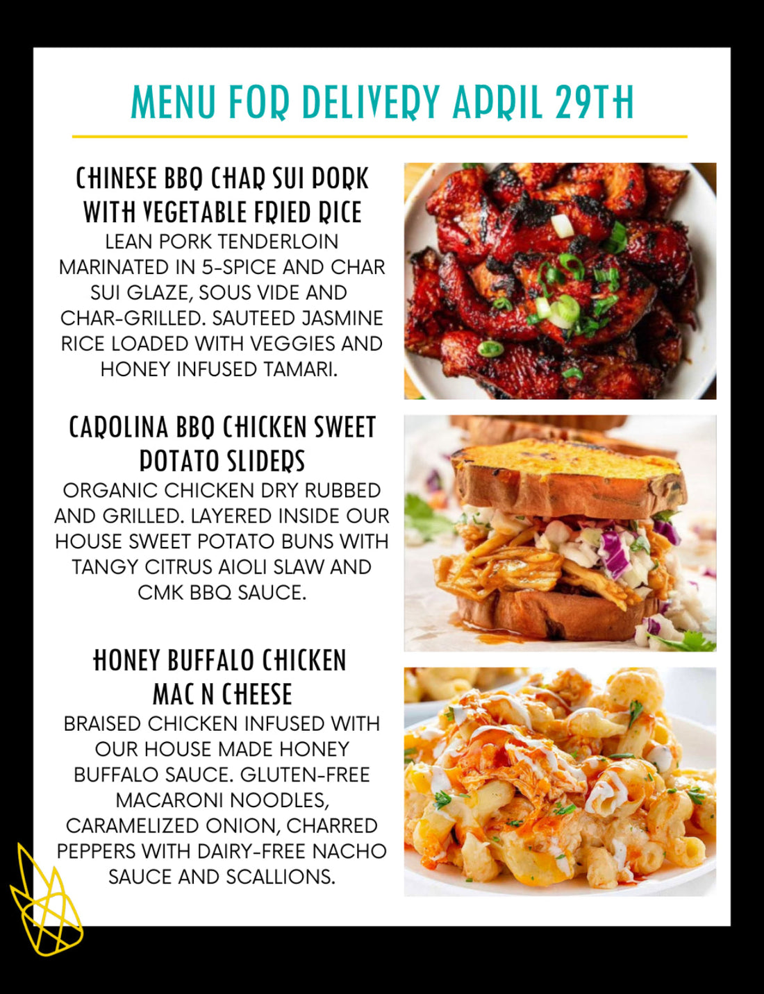 Menu for a delivery Tuesday April 29th