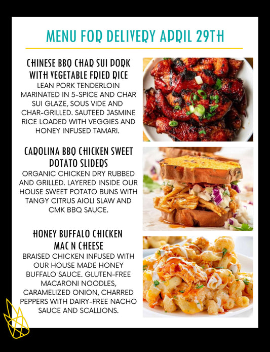 Menu for a delivery Tuesday April 29th