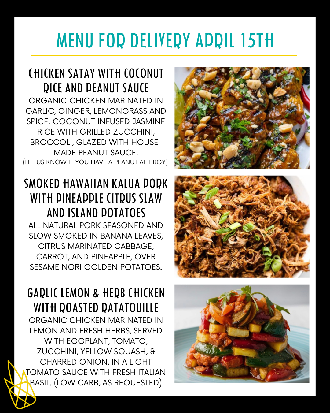 Menu for a delivery Tuesday April 15th