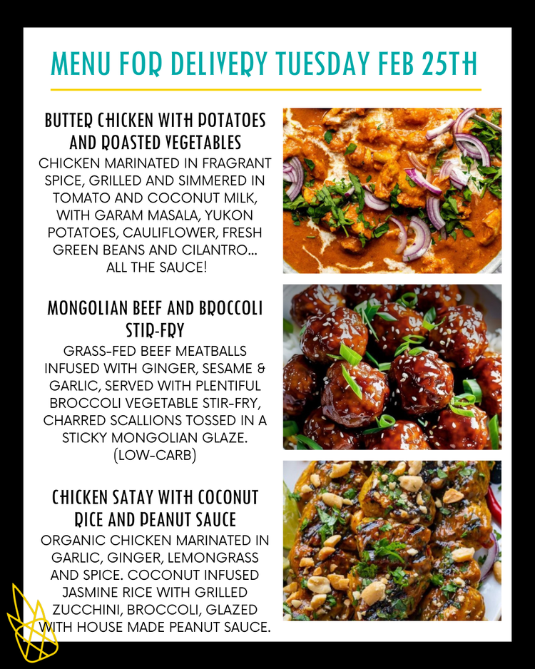 Delivery In Menu Menu for a delivery Tuesday February 25th – Clean Machine Kitchen