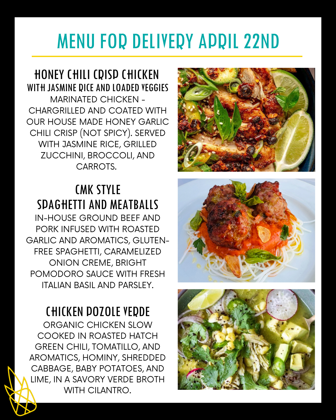 Menu for a delivery Tuesday April 22nd