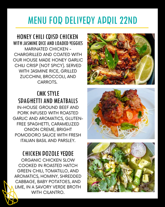 Menu for a delivery Tuesday April 22nd